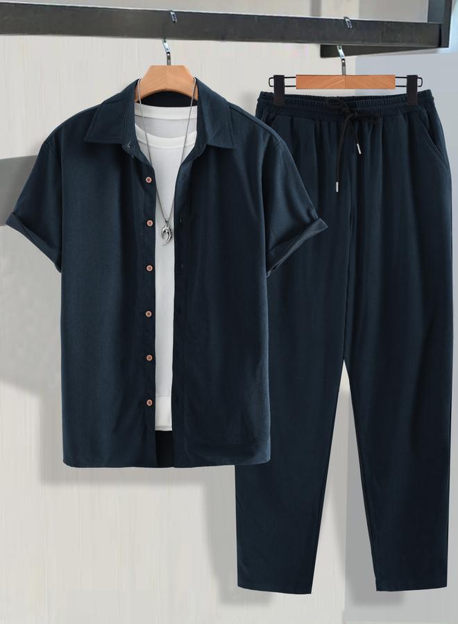 Take Two Men Navy Blue Relaxed Shirt and Trousers Co-Ords - Image 1
